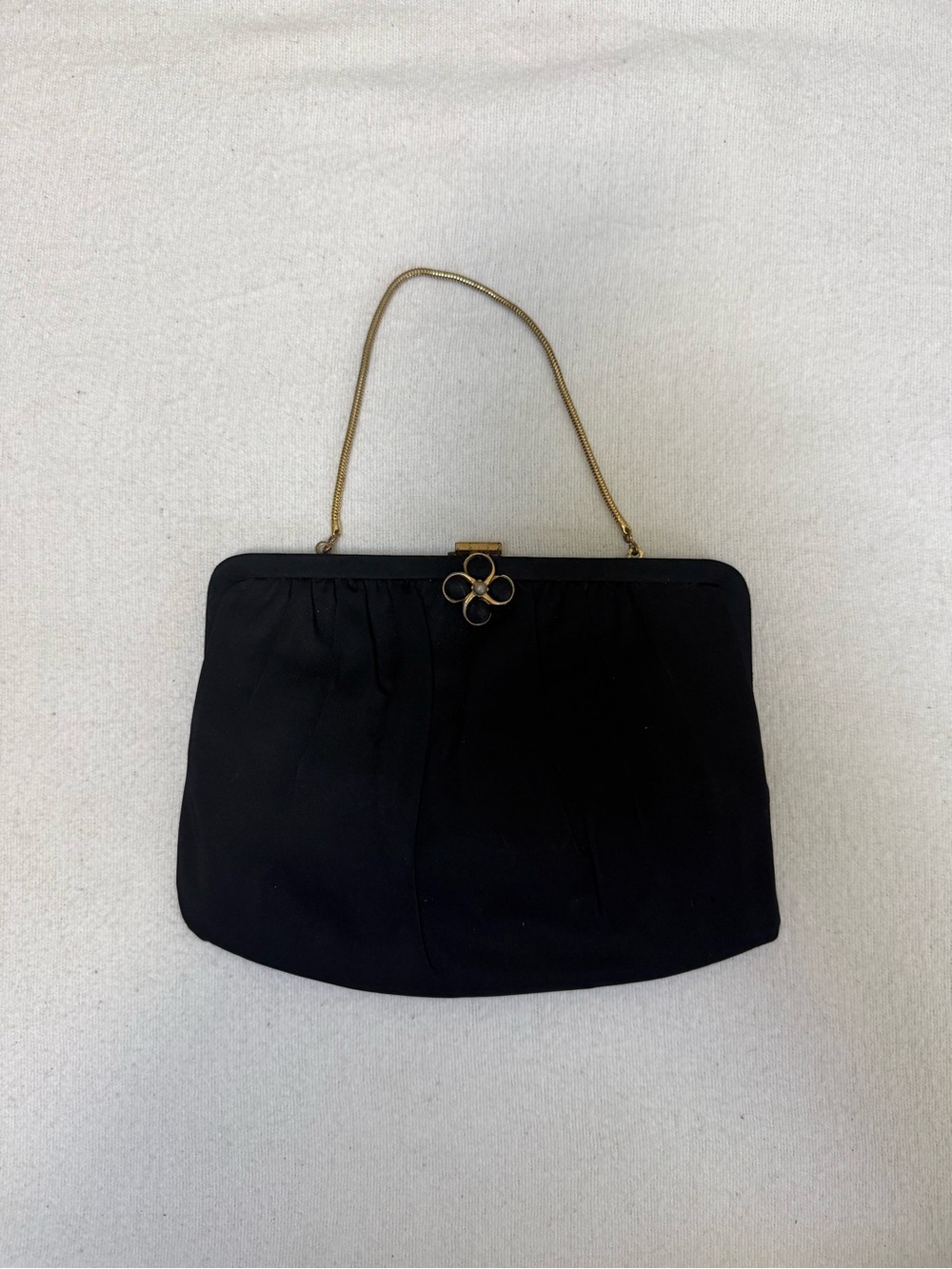 Vintage Millay Classic Black Evening Handbag with Gold Chain and Floral Detail